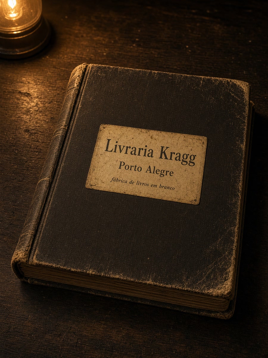 Caderno de capa escura da Livraria Kragg, Porto Alegre, fábrica de livros em branco.